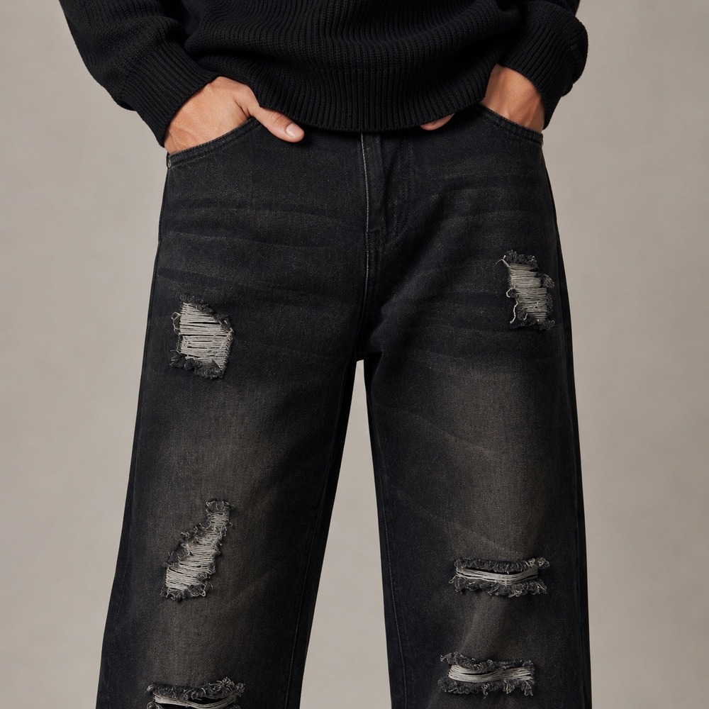 Distressed Wide Leg Jeans Washed Black Y2K Grunge Cotton Denim 34x31